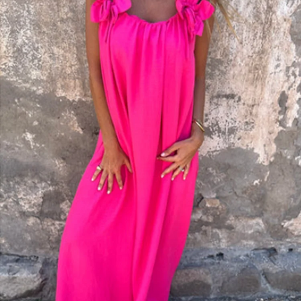 V-neck Solid Color Short Sleeved Lace Up Women's Dress High Street Fashion Elegant Commuting Style Summer Dresses