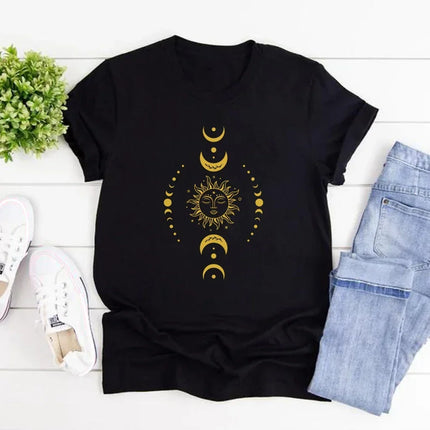 Sun and Moon Stars T-Shirt Celestial Tshirt Boho Sun Moon T-Shirts Women Short Sleeve T Shirts Retro Mystical Tee Women Clothes