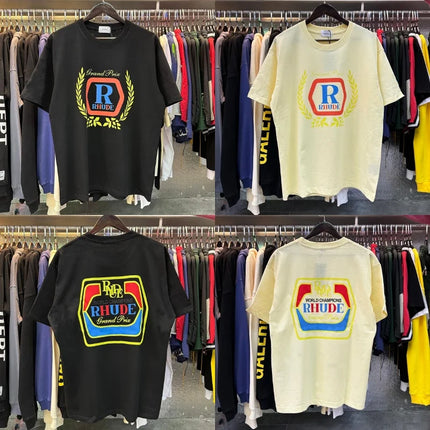 Black Vintage RHUDE Racing Laurel Wreath T-shirt R Logo Grand Prix Crew Neck Cotton RHUDE Casual Streetwear Short Sleeve Top Tee
