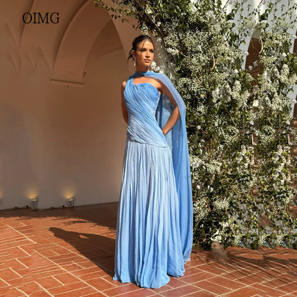 OIMG Gradient Blue A Line Prom Gowns One Shoulder Pleated Party Gown Floor Length Evening Dress vestidos de festa Customized