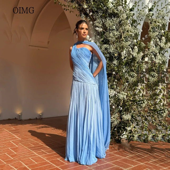 OIMG Gradient Blue A-Linien Ballkleid One Shoulder Plissiertes Partykleid Bodenlang Abendkleid vestidos de festa Maßanfertigung
