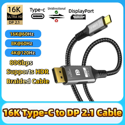 USB C to DisplayPort 16k 2.1 Cable One-way 8K@60Hz 4K@144Hz 80Gbps (DSC) Type-C to DP2.1 Cable For MacBook Pro/Air Laptop Phone