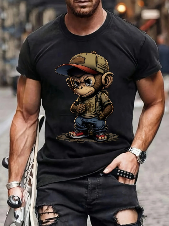 Camiseta de cuello redondo de algodón 100% para hombre, de verano, corte holgado, estampado de mono de dibujos animados, manga corta, a la moda, deportiva