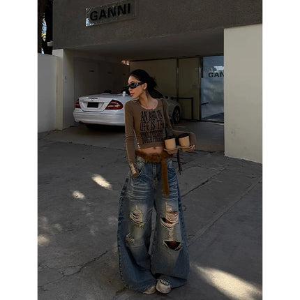 ZHIZOU Women Blue Baggy Y2k Ripped Jeans Hip Hop Grunge Wide Jean Pants Vintage 2000s Harajuku Denim Trousers Clothes Summer