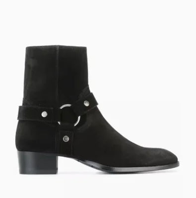 Black Buckle Genuine Leather Ankle Boots for Men Low-heeled Western Boots Safety Shoes Man for Work Handmade Winter Desert Boots