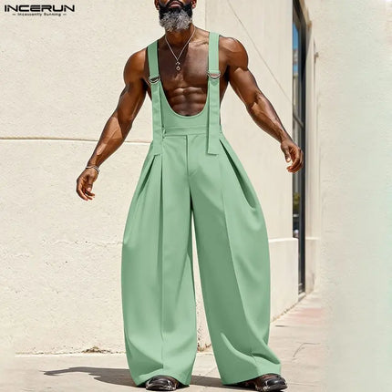 INCERUN Men Jumpsuits Solid Color Sleeveless Suspender Rompers Men Loose Streetwear Summer 2026 Fashion Wide Leg Overalls S-5XL