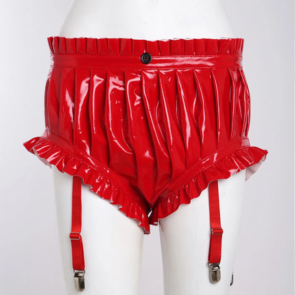 Women Wet Look Pu Leather Shorts Sexy Ruffle Ruched Booty Shorts High Waist Hot Pants Slim Fit Shorts with Garter Rave Clubwear
