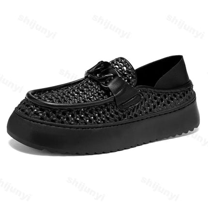 Retro Weave Hollow Breathable Casual Single Shoes for Men 2025 Spring New Low Top Comfortable Versatile Fashion Platform Loafers