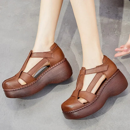 Top quality 6.5CM Retro Summer Shoes Women Wedges Sandals Handmade Genuine Leather Hollow Platform Casual Sandals Female Black