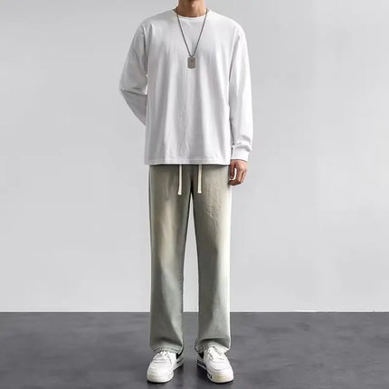 Korean Solid Colors Men's Casual Long Jeans Classic Male Four Seasons Straight Denim Wide-leg Pants Light Blue Grey Black S-3XL