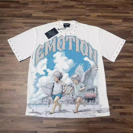 Fashion Brand Mixed Emotion Embroidery Rhinestone American Streetwear Angel Print Hot Diamond Top Tee Men Women Loose T shirts