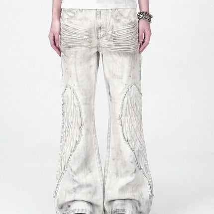 Y2K Distressed Wing Patch Embroidery Slight Flare Pants Slim Punk Jeans for Men and Women