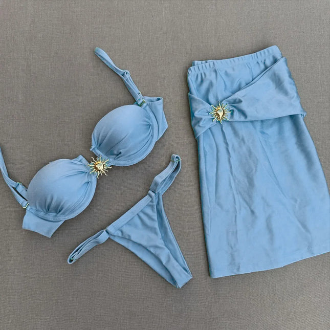 Dreiteiliger Badeanzug 2025 Neuer Bikini Sexy Einfarbig Split Damen-Bademode für Frauen