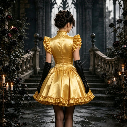 Gothic Gold Satin Maid Costume Prom Dress Corset Lace Up Ruffle High Neck Bow Short Halloween Cosplay Party Dress Customized