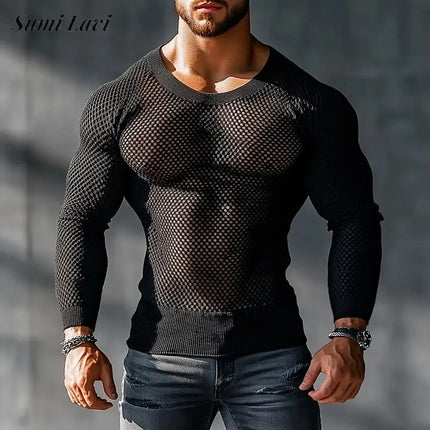 Casual Hollow Out See Through Tops Mens Vintage O Neck Long Sleeve Stretch Slim T-shirts Men 2025 Spring Fall Sexy Mesh T Shirt