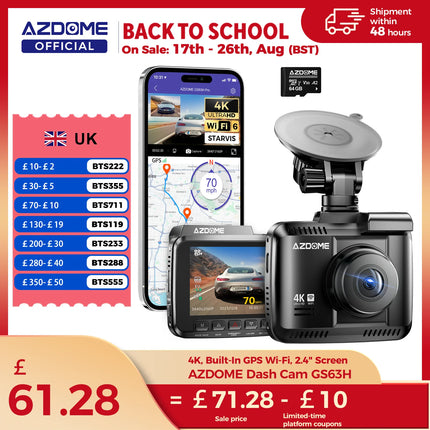 AZDOME Dash Cam GS63H 4K Built-In GPS Wi-Fi Dash Car Camera with Starvis 2.4" Screen WDR Night Vision Car DVR Parking Monito