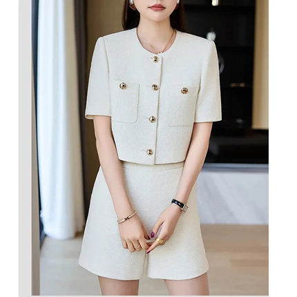 Luxury Blazer White Small Fragrance Short Sleeve Jacket Women's Summer Loose Thin Versatile Top Shorts Professional Black Suits