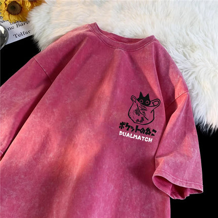 Women Cartoon T-Shirts Vintage Summer Harajuku Kawaii Cat Printed Short Sleeve Tees Couple Streetwear Loose Clothes Cotton Tops