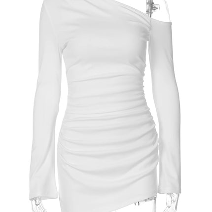 Dulzura Inclined Shoulder Long Sleeve Ruched Slim Irregular Mini Dress Women'S Solid Sexy Casual Dress Party Club Autumn Clothes