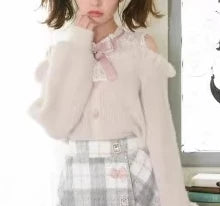 Autumn and Winter Furry Off-shoulder Long-sleeved Sweater Japanese Sweet Cute Girl Bow Versatile Outer Wear Knitted Pullover