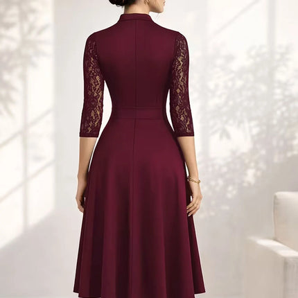 Sexy V-Neck Lace 2/3 Sleeve Summer Work Office Knee Length Base Show Thin Temperament Fit And Flare Swing