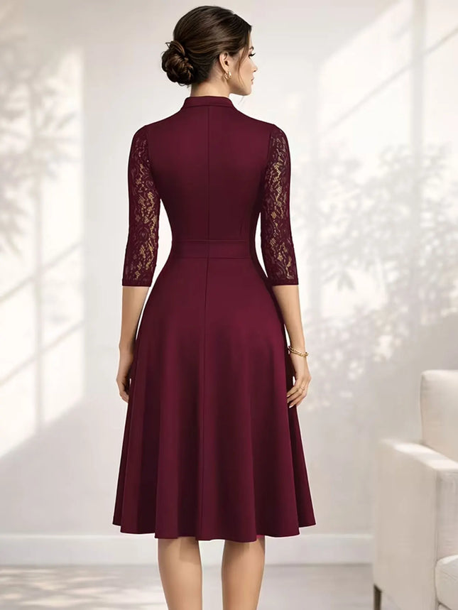 Sexy V-Neck Lace 2/3 Sleeve Summer Work Office Knee Length Base Show Thin Temperament Fit And Flare Swing