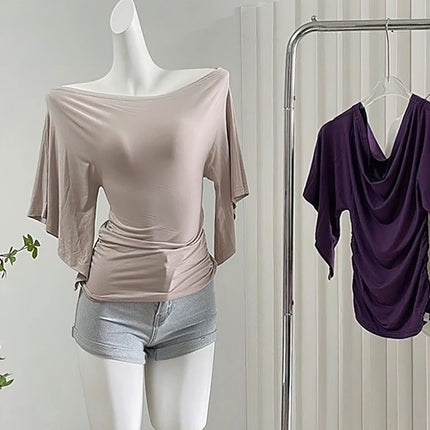 Sexy Summer Off Shoulder T shirt Women Elegant Batwing Short sleeve Cowl Neck Tops Korean Chic Tight Tshirt Lady Tees 2025 New