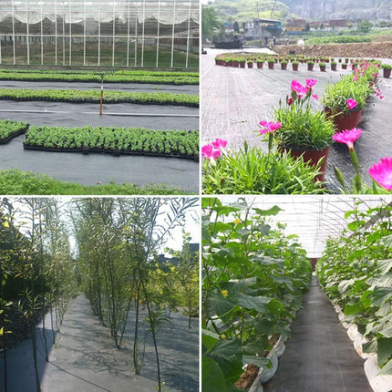 Four-panel grid of weed barrier cloth applied in greenhouse and farm settings