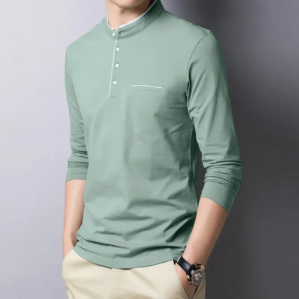 2025 Men's Business Casual Three Button Stand Up Collar Long Sleeved T-shirt Korean Style Comfortable Versatile Top