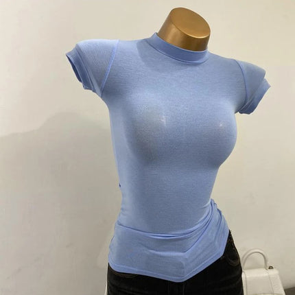 Half-high Collar T-shirt korean Transparent Short-sleeved Slim-fit Elastic Solid Inner Bottoming Shirt Sexy