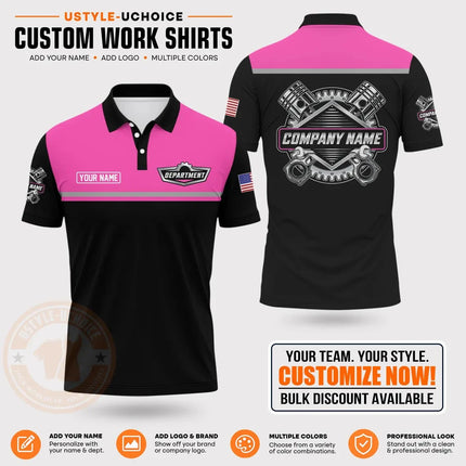 Custom Mechanic Work Pattern Polo Shirt Personalized Name Logo Uniform With Piston Print For Men Women Casual Quick Drying Tees