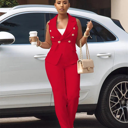 Business Work Wear Two Piece Pant Suits for Women Sets Elegant Sleeveless Blazer Top and Pencil Pants Office Lady Matching Sets