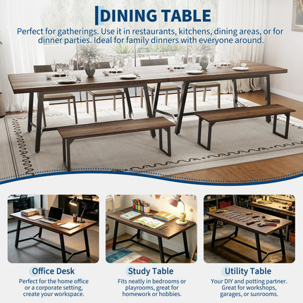 Only Table,Spacious Seating for 6-8 Rectangular Wood Dining Table, Modern Rustic Style, Curved Anti-Collision Edge & Recessed Footrest, Dining Room, Study, Conference, Wedding