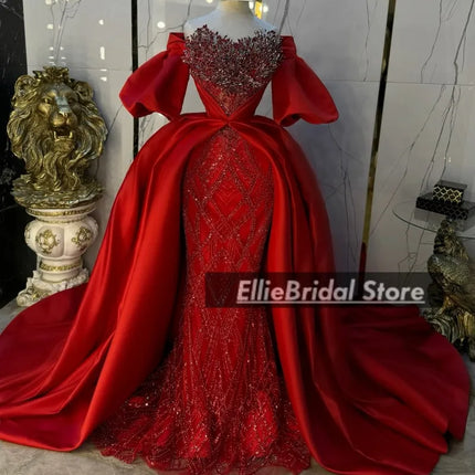 Gorgeous Red Evening Dresses With Detachable Train Crystal Sequin Mermaid Wedding Party Dress Dubai Prom Gowns Customized