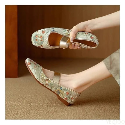 Luxury Embroidered Low Heels Square Head Flats Women Elegant minimalist shoes Fashionable versatile Summer new  soft-soled shoes