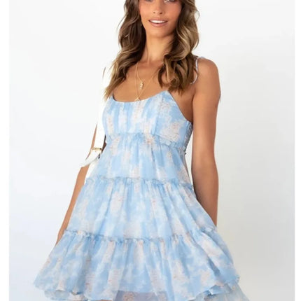 Bowknot Spaghetti Strap Flower Chiffon Mini Dresses Women Fashion Sexy Backless Elegant Vacation Style Dress Female New Vestidos