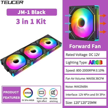 TEUCER 120mm ARGB Cyclic Mirror Light PWM Fan Kit, Wireless Splicing 800-2000RPM Low Noise Fan for PC Chassis & Water Cooling