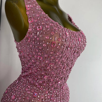 Women Luxury Pink Full Rhinestones Split Maxi Long Dress Birthday Evening Party Nightclub Stage Costomes Celebrity Prom Gowns