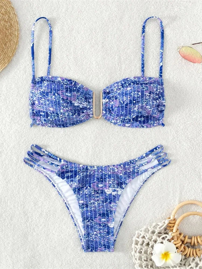 Sexy Plissiertes Mikro-Bikini-Set für Damen U-Ausschnitt Push-Up Orange Geblümt Mikro-Badeanzug Sommer 2026 Bademode Schnür-Tanga-Badeanzug