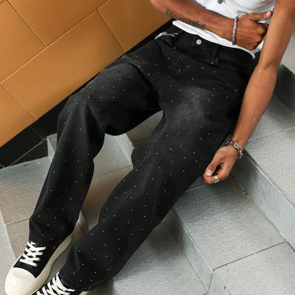 Men's Black Denim Wide-Leg Pants with Rhinestones, Easily Mastering the Street Fashion.