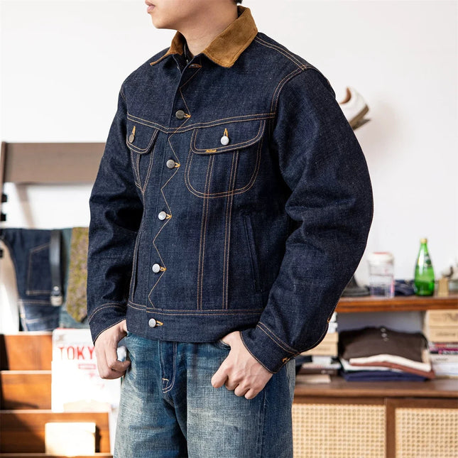 Red Tornado Corduroy-Kragen 18oz Selvedge Denim Trucker Jacke Amerikanischer Heritage-Stil Herren Jeans Oberbekleidung