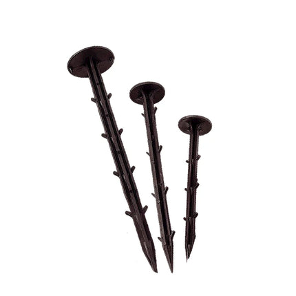 Three black ground stakes of varying lengths on a white background