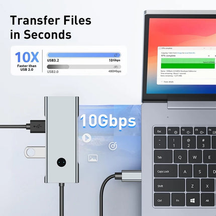 7-in-1 USB C Hub 4K60Hz HDTV One-Tap Screen Off 2xUSB-A 3.2 10Gbps 2xUSB-C 3.2 10Gbps PD 100W Aluminum for Laptop Home Office