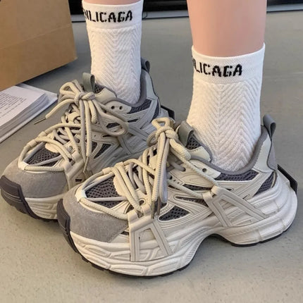 Women Casual Chunky Sneakers 2025 Spring Thick Soled Women's Lace Up Casual Sneakers Height Increasing Shoes
