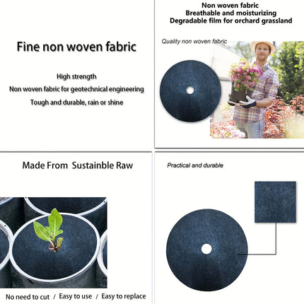 Four-panel graphic explaining non-woven tree ring mat features