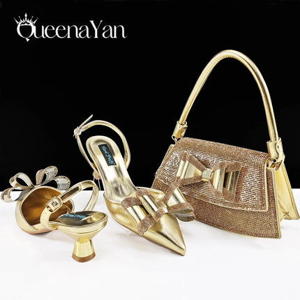 Queena Yan Hot Selling Fashion Mature Coffee Color Butter-fly Design Pointed Toe High Heel Party Wedding Lady Shoes and Bag Set