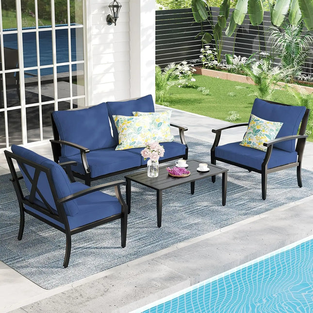 4-Piece Patio Furniture Set, Wider Outdoor Metal Seating Sofa with High Back & Loveseat, Coffee Table, All Weather, Customized