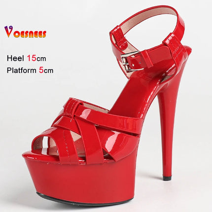 New Summer Pink Women Sandals Thin Heels 15cm Platform 5cm Cross Straps Ankle Buckle Round Toe Ladies Pumps Stiletto Party Shoes