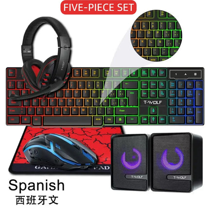 T-WOLF Thunderwolf TF880 Wired Keyboard, Mouse, Headphones and Audio Five-piece E-sports Game Enjoy Super Fast - product imag