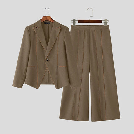 INCERUN Men Sets Patchwork Elegant Long Sleeve Blazer & Wide Leg Pants Two Pieces Sets Streetwear Fashion Men's Casual Suits